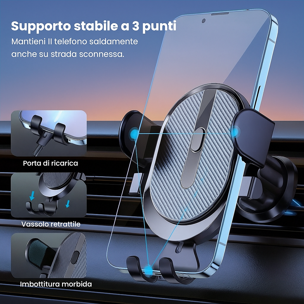 Supporto per telefono auto – Bocchetta d’aria, rotazione a 360°, stabile a 3 punti