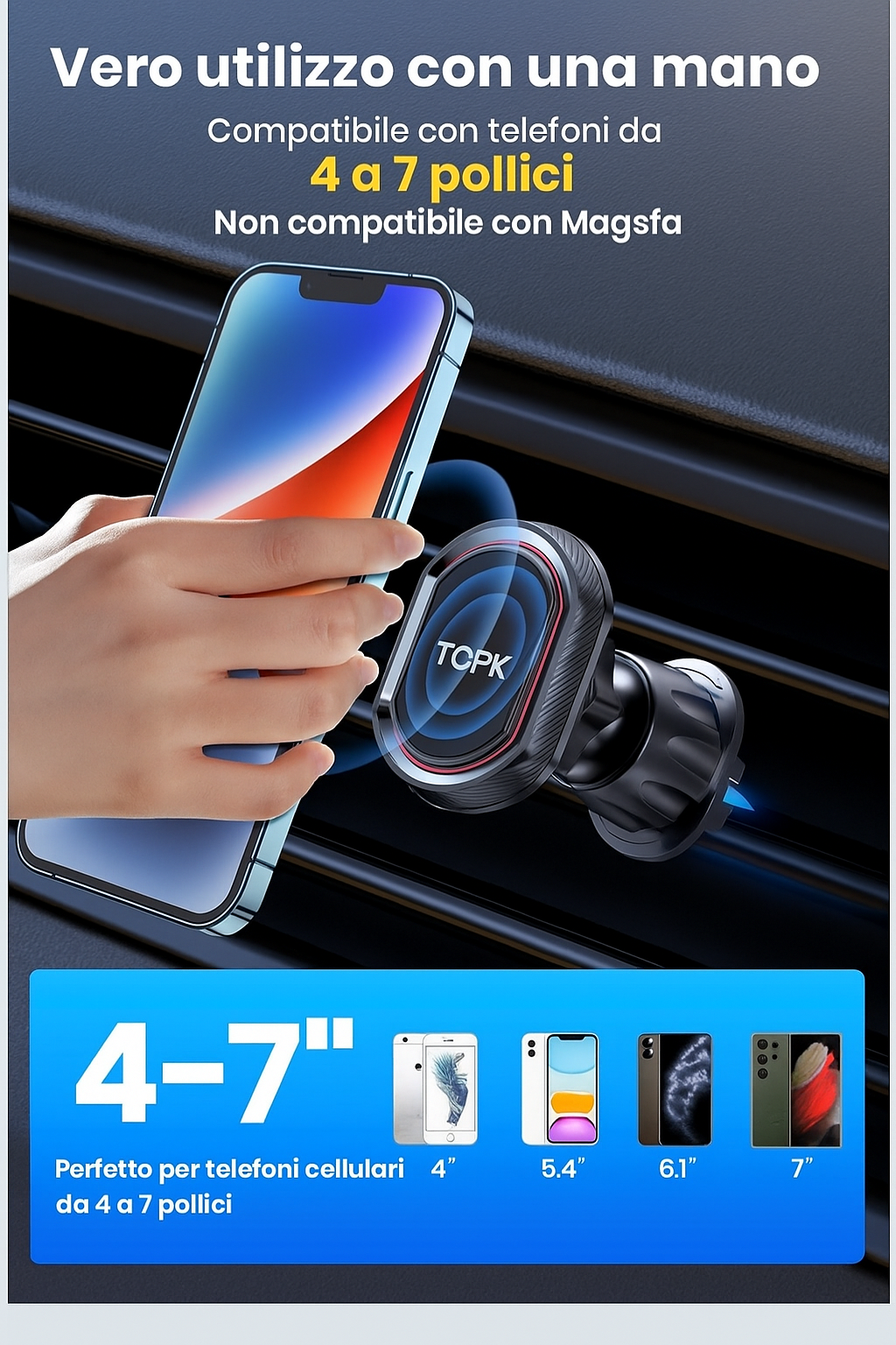 Supporto Magnetico Auto TOPK – Potente N52, Rotazione 360°, per Bocchetta d’Aria, Compatibile con Tutti i Telefoni